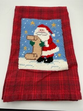 Red Plaid Santa Needlepoint Holiday Kitchen Towel